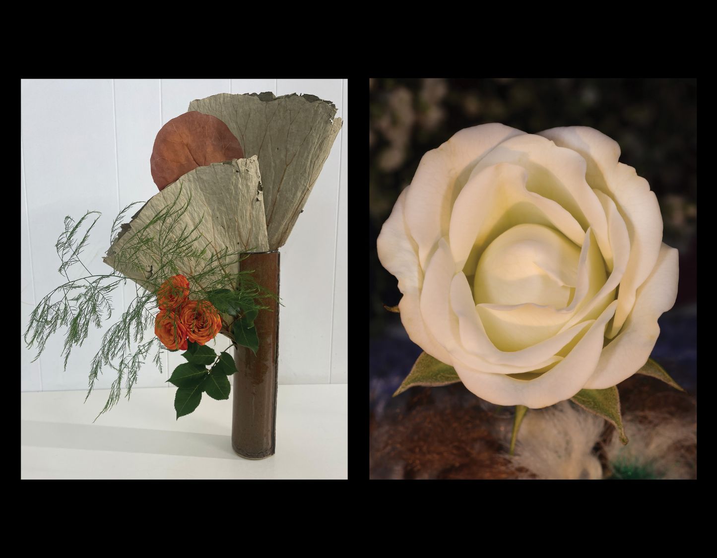 Black border with two photographs of mixed media artwork florals. Left image includes 3 red flowers, some leaves and mixed media in colours: brown, forest green and burnt sienna. Right Image shows a white rose with dark blurred background.