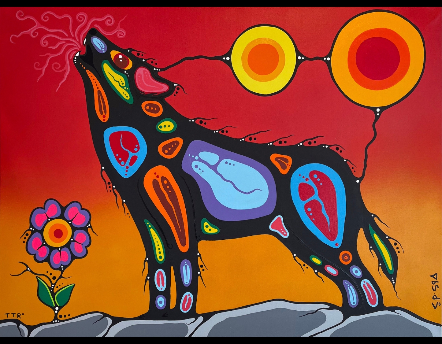 "Howling into the Sunset" painting by Tyler Tabobondung Rushnell. There is a flower on the left, with rocks below. A wolf is howling. The background is red, orange and yellow and the wolf is black, green, yellow, white, red, light blue, purple, orange, brown, red and pink. The flower petals are purple and pink with the center red, orange and yellow. The stem is green with black and white.
